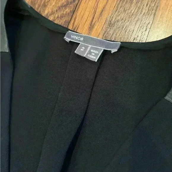 VINCE Leather Trimmed Little Black Dress Sleeveless Minimalist V Neck Size 2 - Picture 8 of 9